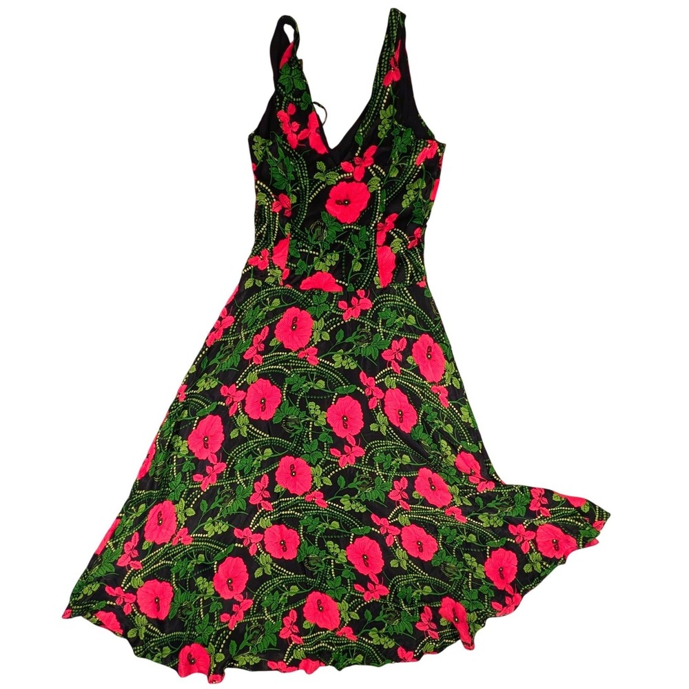 Maeve by Anthropologie Floral V-Neck Ruched Maxi Dress Black Pink Size 4 Slit - Picture 3 of 9